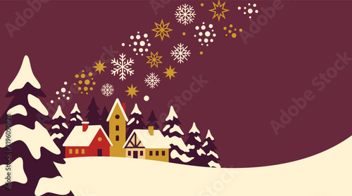 A charming and festive christmas background vector illustration depicting a snow covered village with cozy homes twinkling lights and a beautiful winter scene