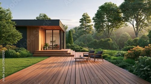 Modern wooden house with patio and deck surrounded by lush green forest