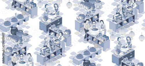 Kimjang Korean Kimchi Making Culture Indigo Monochrome Seamless Pattern Vector Illustration