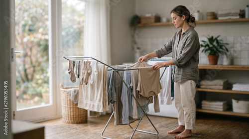 Woman hanging laundry to dry on a rack near a window in a bright room