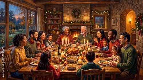 Multiethnic family enjoys festive holiday dinner around a warmly lit table