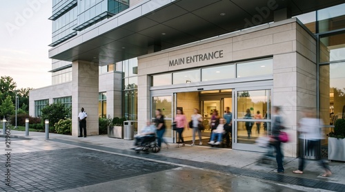 Modern hospital main entrance with people entering and exiting