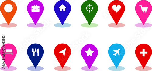 Set of colorful map pointer icons with various symbols for navigation and location services