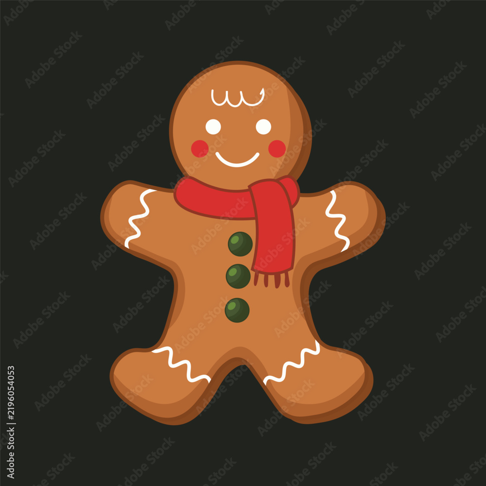 Fototapeta premium Traditional Christmas Gingerbread Man Cookie with Red Scarf and White Icing. Sweet Winter Holiday Food Flat Vector Illustration Isolated on Dark Background