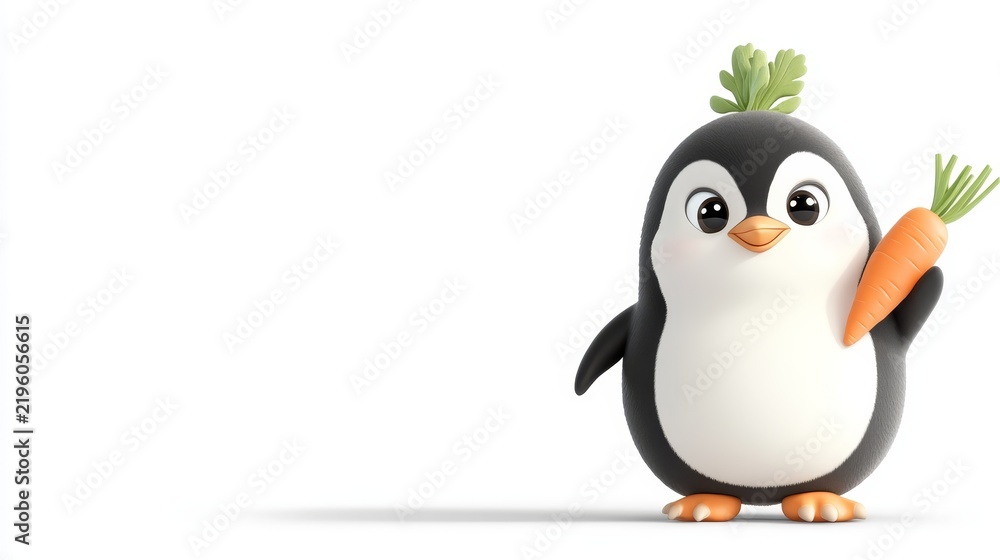 Fototapeta premium Cute cartoon penguin holding fresh orange carrot isolated illustration design asset for childrens content concepts