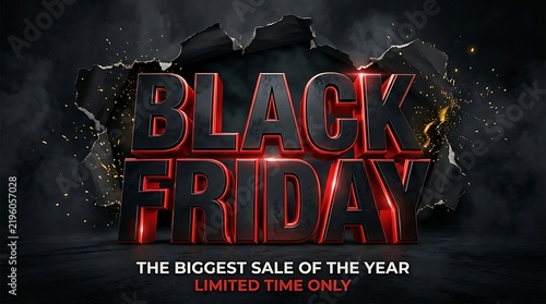Black Friday sale banner with 3D bold typography and dramatic ripped paper background effect