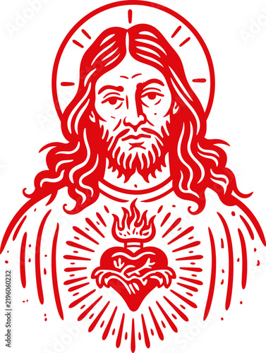 Red linear portrait of jesus christ with sacred heart. Vector illustration.