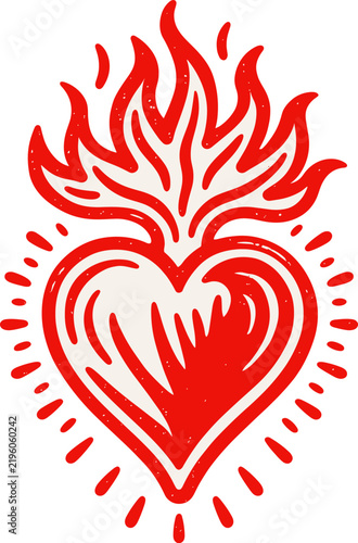 Red linear drawing of sacred heart with flames. Vector illustration.