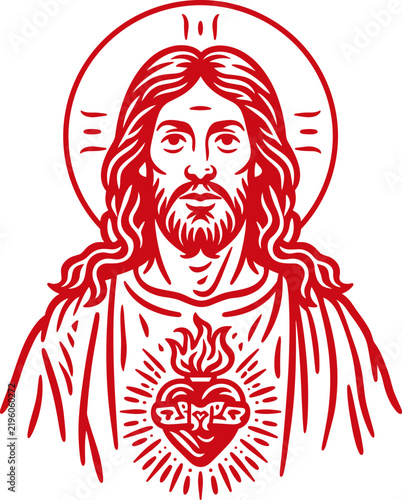 Red contour portrait of jesus christ with sacred heart. Vector illustration.