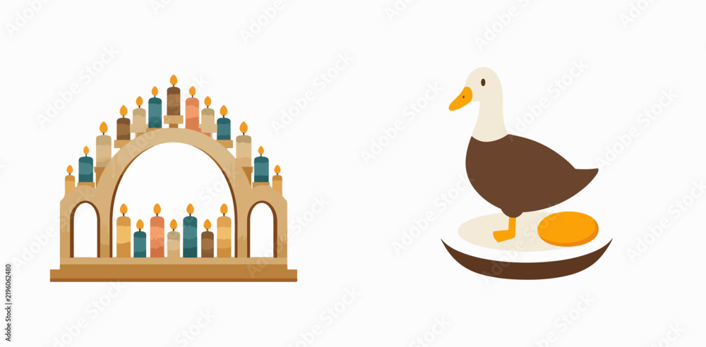 Fototapeta premium Cute duck holding bread near wooden Advent candle holder illustration