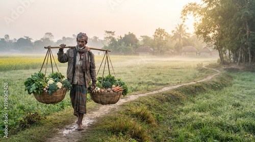 South Asian farmer carrying fresh vegetables (Brassica oleracea, Daucus carota) in bamboo baskets along a misty rural agricultural path at sunrise.