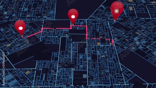 Block highlighting, wireframe map placing red markers and drawing neon pink route linking them