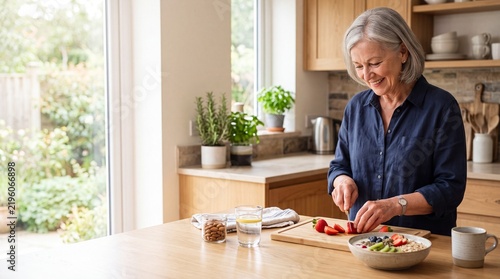 Older woman preparing fresh fruit and a healthy breakfast at home