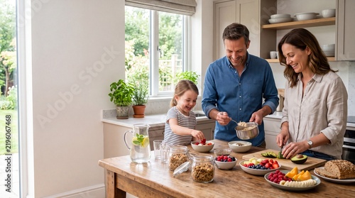 Family preparing a healthy meal together in a bright modern kitchen