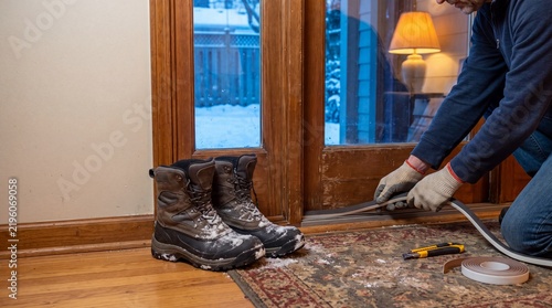Homeowner Sealing Door Drafts With Weatherstripping For Winter Heat Retention And Energy Savings