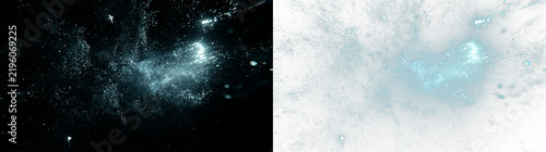 Fotografie Horizontal underwater water burst with glowing stream of bubbles and liquid droplets
