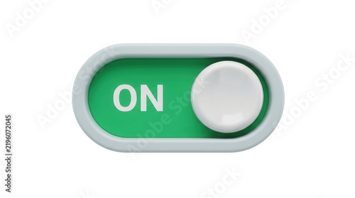 3d toggle switch button set to on position isolated on transparent background
