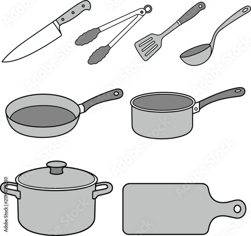 Kitchen Tools Collection Black and White Minimal Line Art Vector Set
