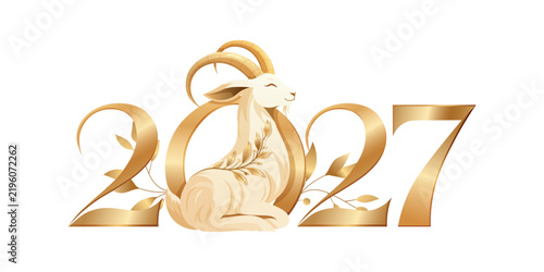 Festive vector background for New Year 2027 and Christmas featuring golden numbers 2027 and the Goat, the Chinese zodiac symbol of the year. Suitable for greeting cards, banners, advertising, and seas