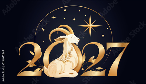 Festive vector background for New Year 2027 and Christmas featuring golden numbers 2027 and the Goat, the Chinese zodiac symbol of the year. Suitable for greeting cards, banners, advertising, and seas