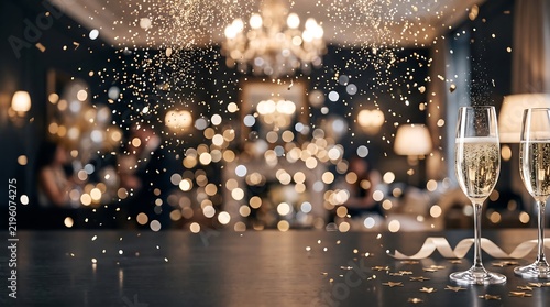 Champagne glasses with golden sparkles and bokeh lights with copy space