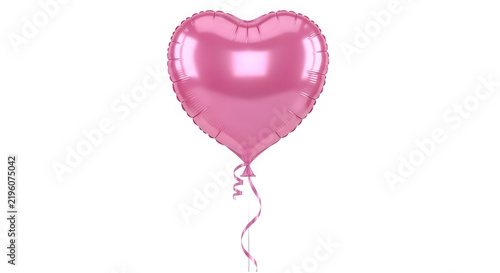 One shiny pink heart shaped balloon with ribbon for party celebration isolated on transparent background