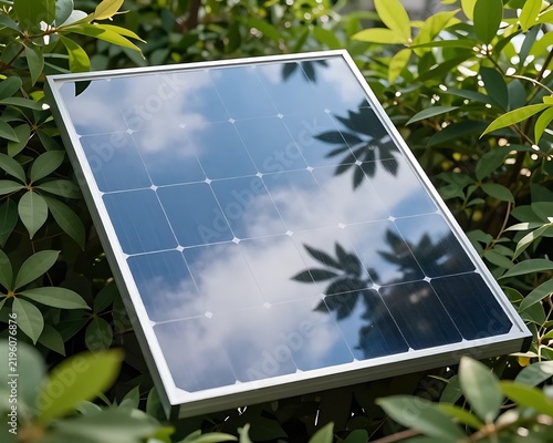 Portable solar panel among green leaves with sky reflection