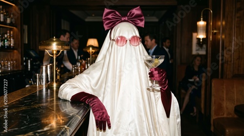 Stylish sheet ghost wearing pink sunglasses and bow holds a cocktail at an elegant bar during Halloween