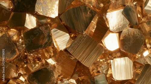Pyrite mineral surface, seamless golden metallic texture with iron sulfide crystals and reflective geometric faces  