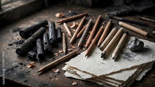 Charcoal, graphite pencils and drawing tools are arranged beside textured paper