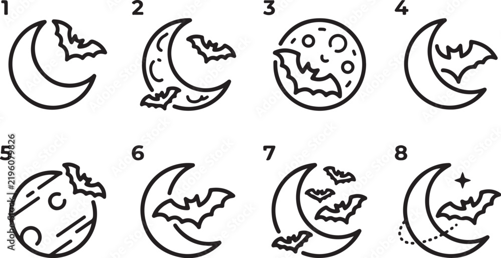 Fototapeta premium Halloween bats flying around moon icons set
