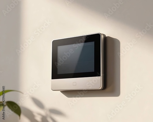 Smart home control panel mounted on wall with leaf shadows and copy space