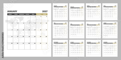 2027 monthly calendar square planner schedule on world map background. Week Starts on Monday