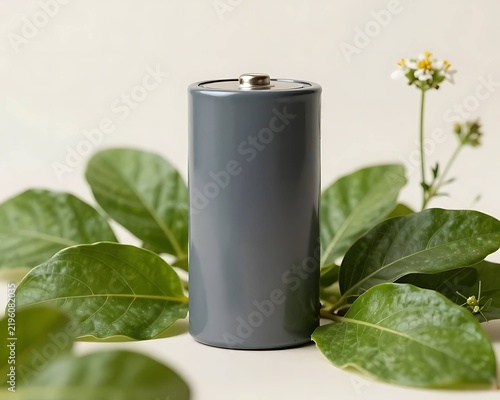 Grey blank battery surrounded by green leaves on white background