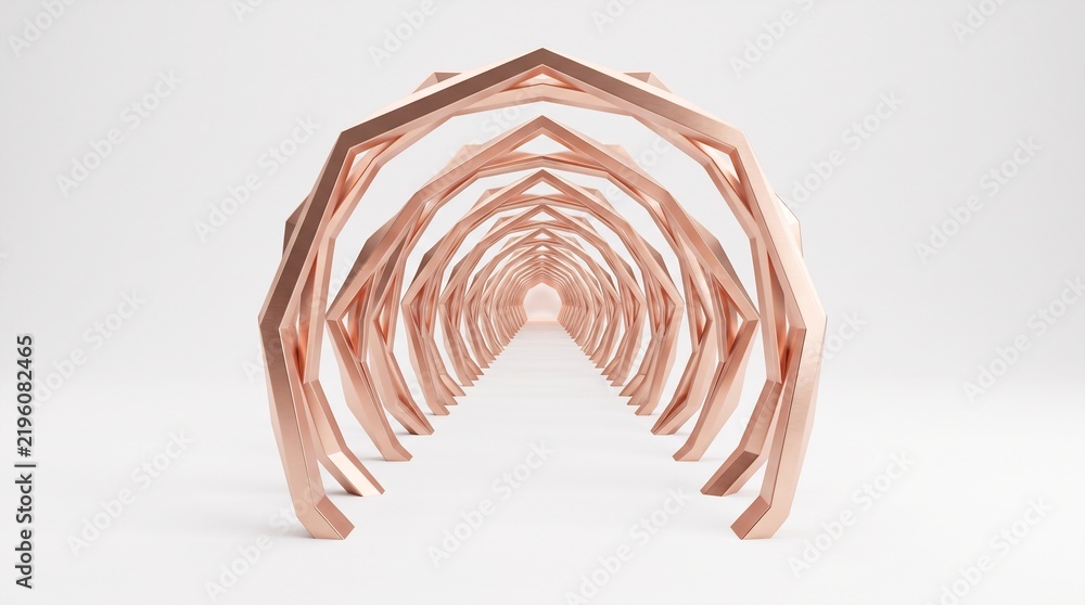 Obraz premium Abstract rose gold geometric tunnel structure on a clean white background