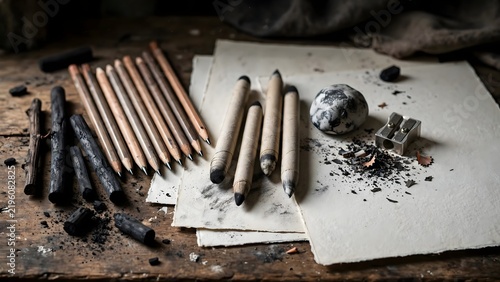 Textured paper and drawing instruments illustrate traditional artistic techniques