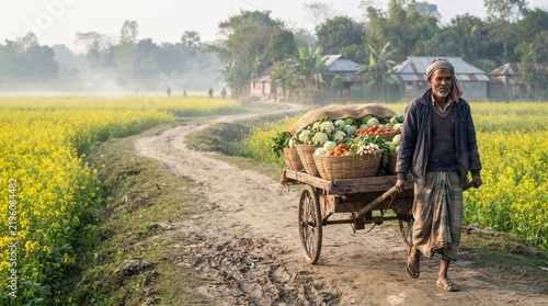 South Asian farmer pushing a vegetable handcart through a bright yellow mustard field (Brassica rapa) with fresh produce like cabbage (Brassica oleracea) and cauliflower on a misty rural morning.