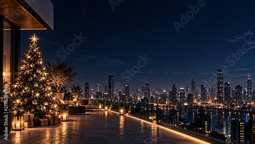 Luxury Christmas Rooftop with City Skyline at Night
