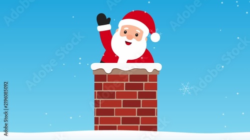 santa claus wave hand on snowy roof chimney. Friendly christmas animation