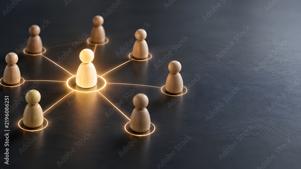 Obraz premium Illuminated central wooden figure connected to others via glowing lines representing business networking team communication and leadership hub