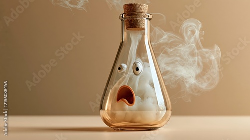 Funny science photo of a panicked flask boiling over with steam, beige wall.