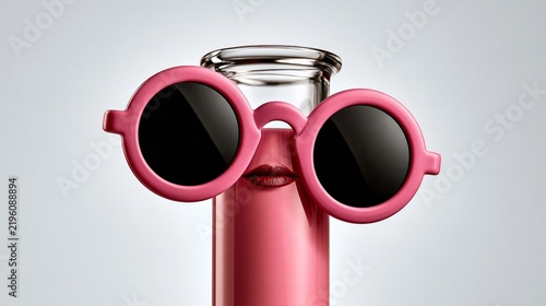 Whimsical science photo of a test tube wearing sunglasses, bright white wall.
