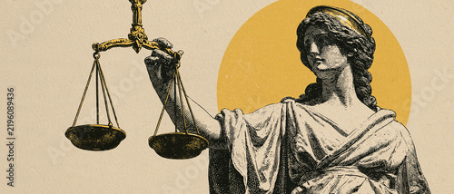 Vintage style illustration of Themis, the Greek goddess of justice, holding the scales of balance, symbolizing law, order, and fairness. A classical engraving with a distressed texture