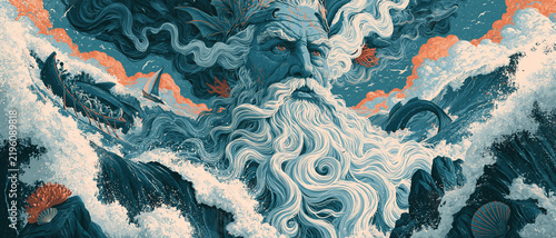 Majestic illustration of Okeanos, the ancient Greek Titan god of the ocean, emerging from tumultuous waves with his flowing beard and hair merging into the powerful sea, surrounded by