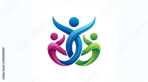 Colorful abstract human figures forming a dynamic teamwork symbol, symbolizing unity, collaboration, and modern business success.