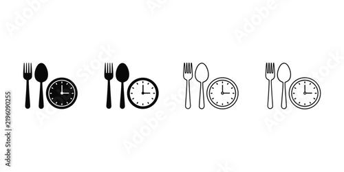 Meal time clock fork spoon lunch break vector symbols