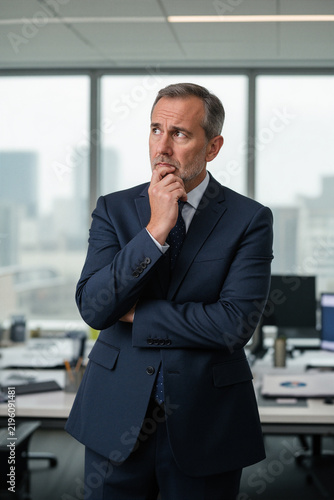 Mature male ceo executive thinking on leadership question, feeling doubt