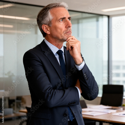 Mature male ceo executive thinking on leadership question, feeling doubt
