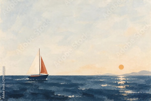 Sailboat on Calm Ocean at Sunset Seascape