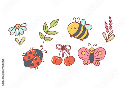 Spring nature illustration set with flowers, bee, ladybug, butterfly and cherries. Hand drawn whimsical vector elements set
